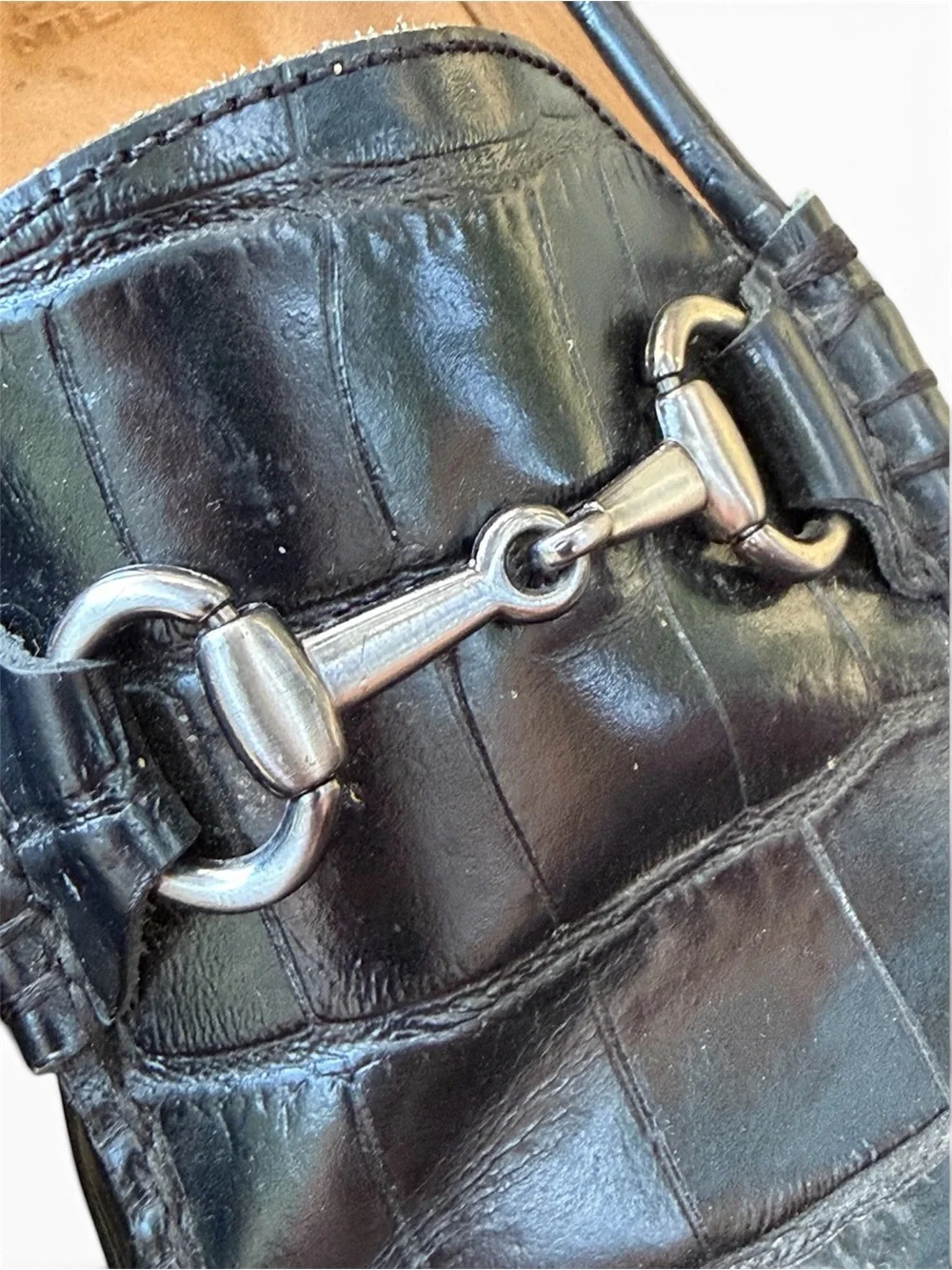 Peter Millar Crown Black Croc-Embossed HorseBit Loafers in Black Leather